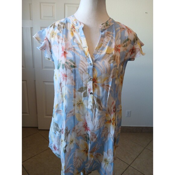Cocomo Womens Blouse Top Size Medium Blue Floral Pleated Popover Flutter Sleeve - Picture 2 of 14